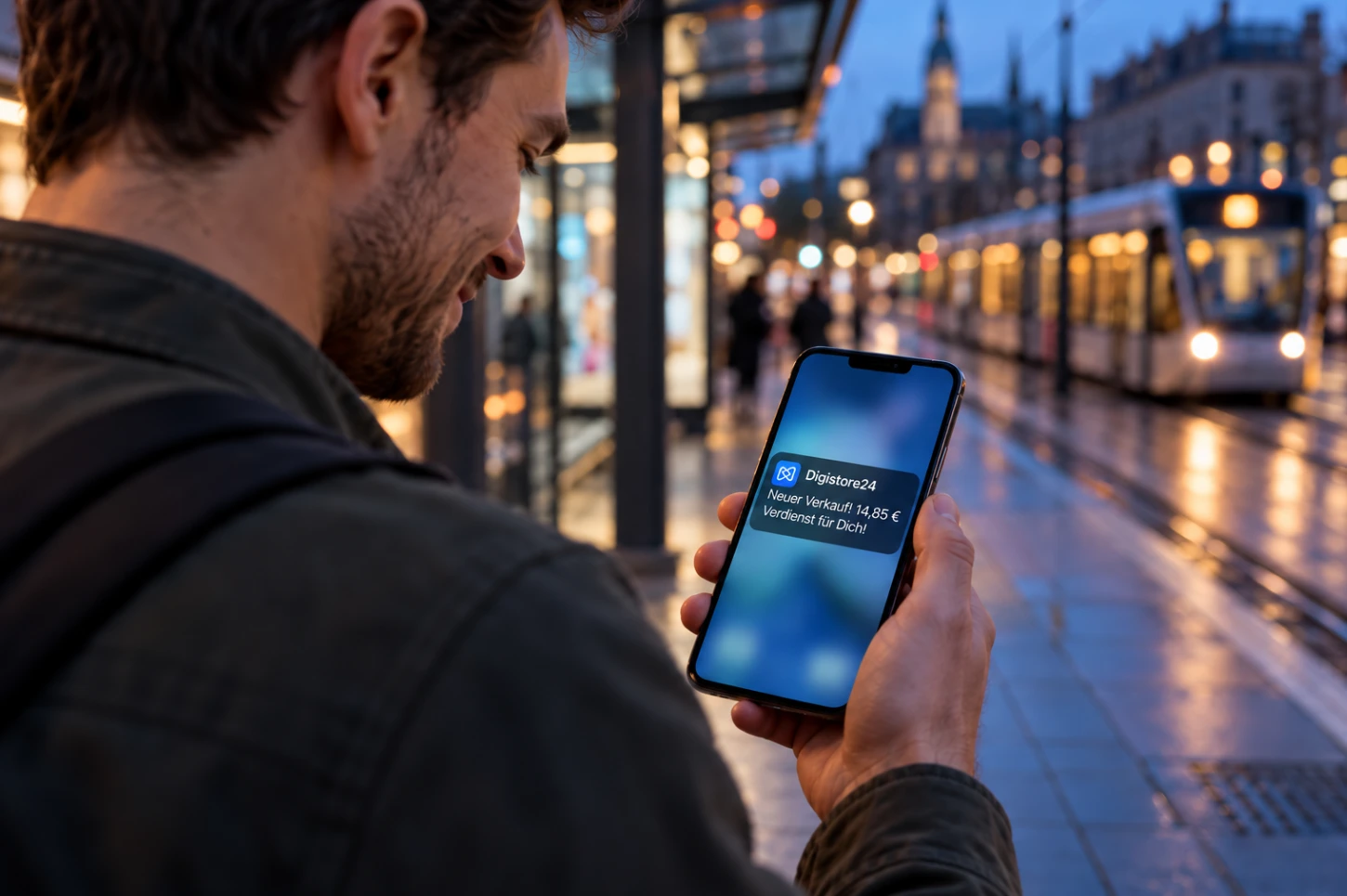 Digistore24 Erfahrungen als Partner: Mann sieht in der App eine neue Provisionsmeldung
