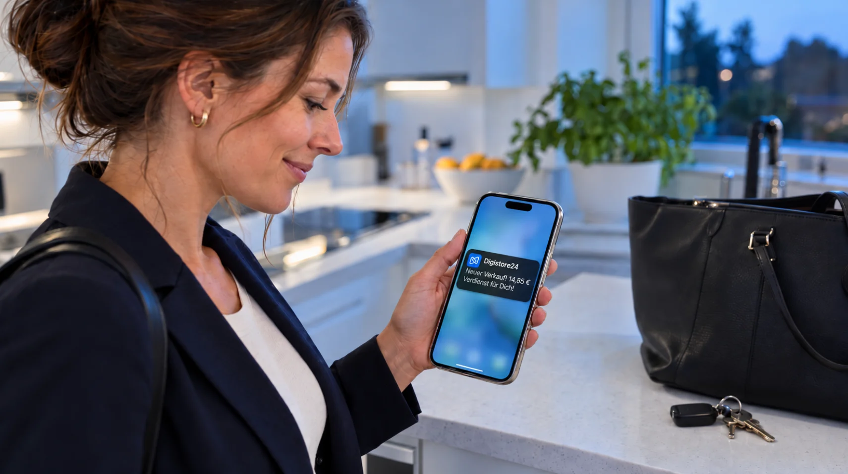 Online Nebenjob nach Feierabend: Frau sieht auf dem Smartphone die Nachricht über einen neuen Verkauf